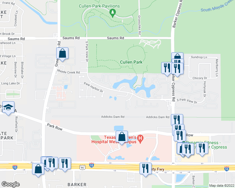 map of restaurants, bars, coffee shops, grocery stores, and more near 18438 Lakeview Circle in Houston