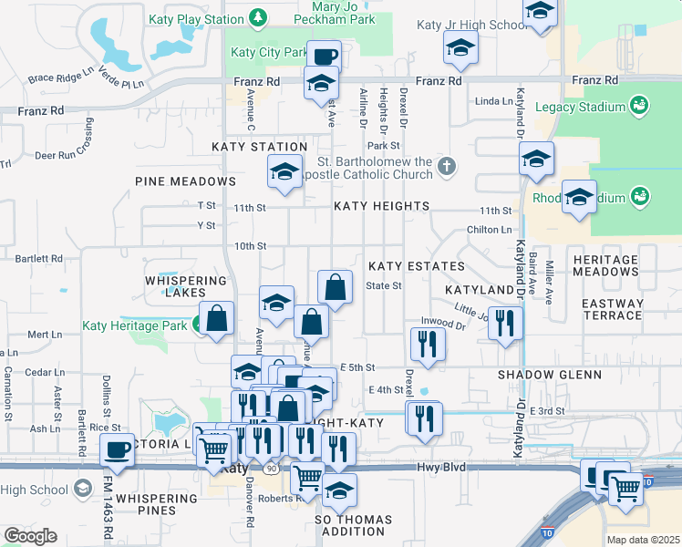 map of restaurants, bars, coffee shops, grocery stores, and more near 1506 East Avenue in Katy