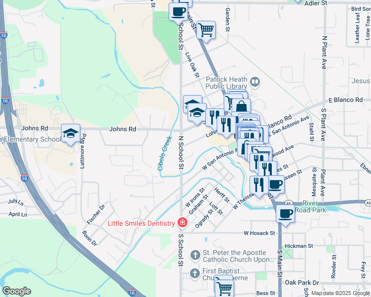 map of restaurants, bars, coffee shops, grocery stores, and more near 106 West Cibolo Drive in Boerne