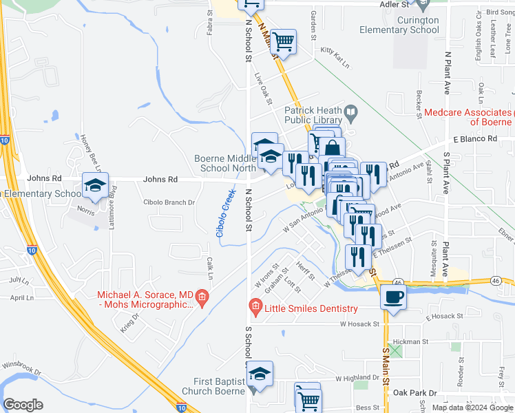 map of restaurants, bars, coffee shops, grocery stores, and more near 263 Lohmann Street in Boerne