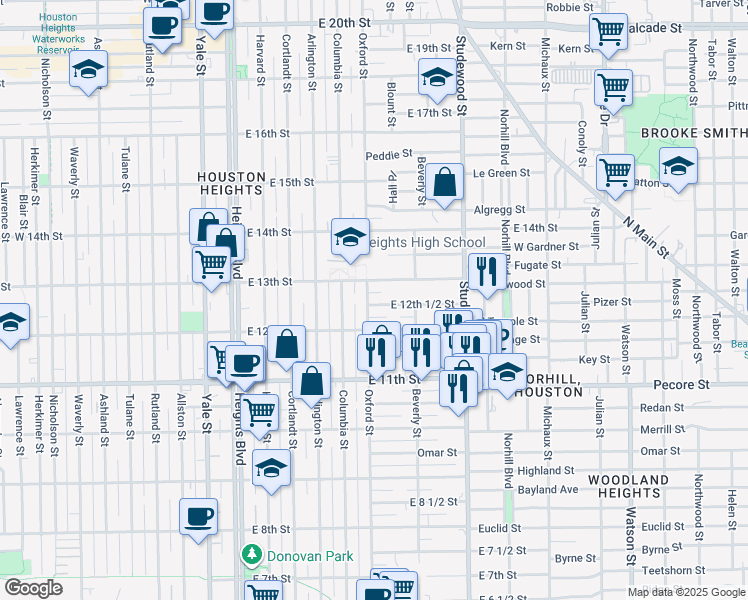 map of restaurants, bars, coffee shops, grocery stores, and more near 1230 Oxford Street in Houston
