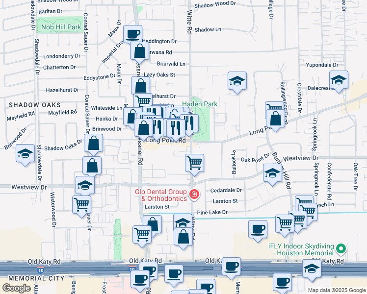 map of restaurants, bars, coffee shops, grocery stores, and more near 1353 Witte Road in Houston