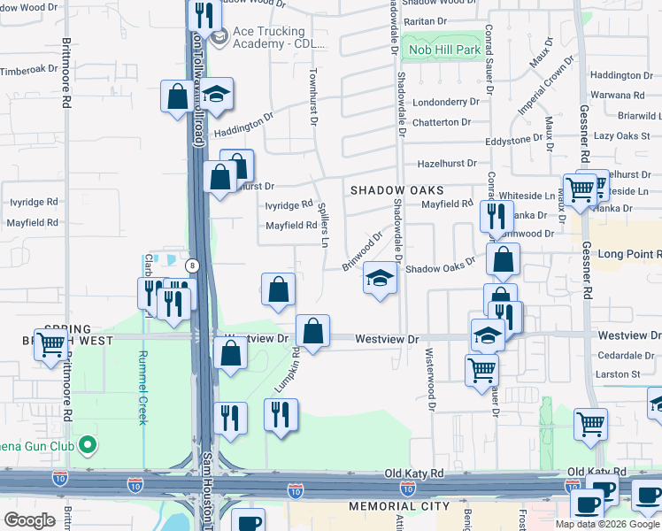 map of restaurants, bars, coffee shops, grocery stores, and more near 10623 Northbrook Drive in Houston