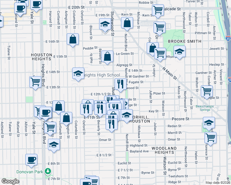 map of restaurants, bars, coffee shops, grocery stores, and more near 1224 Studewood Street in Houston
