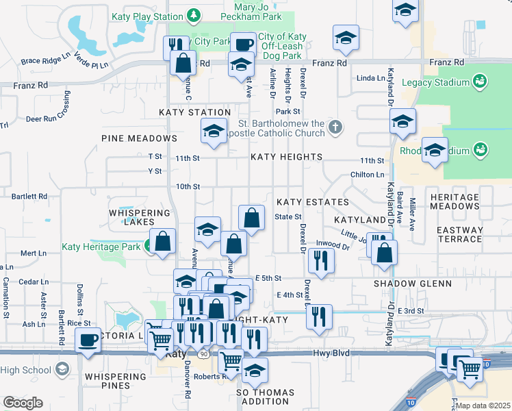 map of restaurants, bars, coffee shops, grocery stores, and more near 1526 East Avenue in Katy