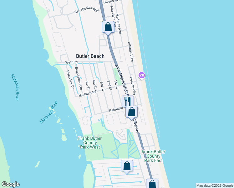 map of restaurants, bars, coffee shops, grocery stores, and more near 231 Micklers Road in St. Augustine