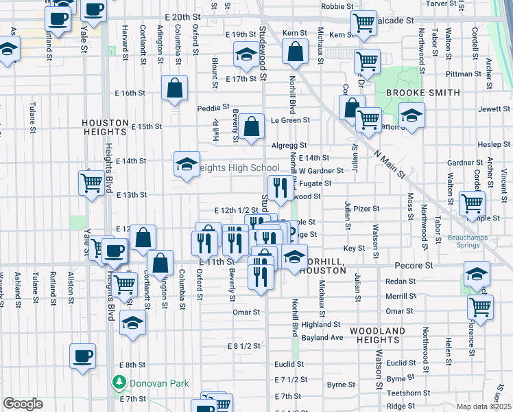 map of restaurants, bars, coffee shops, grocery stores, and more near 1301 Studewood Street in Houston