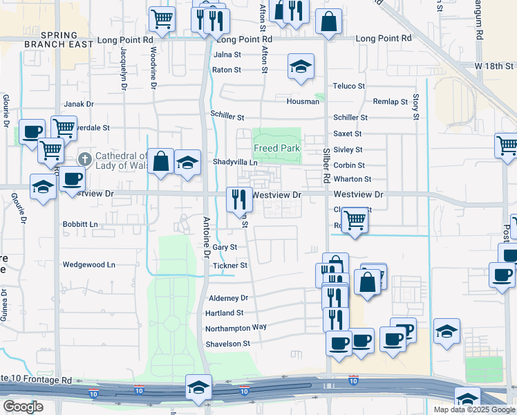 map of restaurants, bars, coffee shops, grocery stores, and more near 1370 Afton Street in Houston