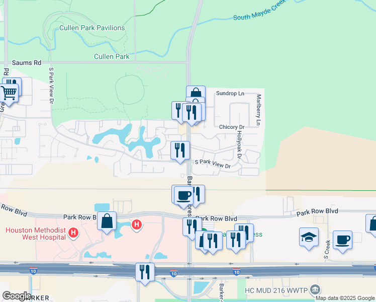 map of restaurants, bars, coffee shops, grocery stores, and more near 1745 Barker Cypress Road in Houston