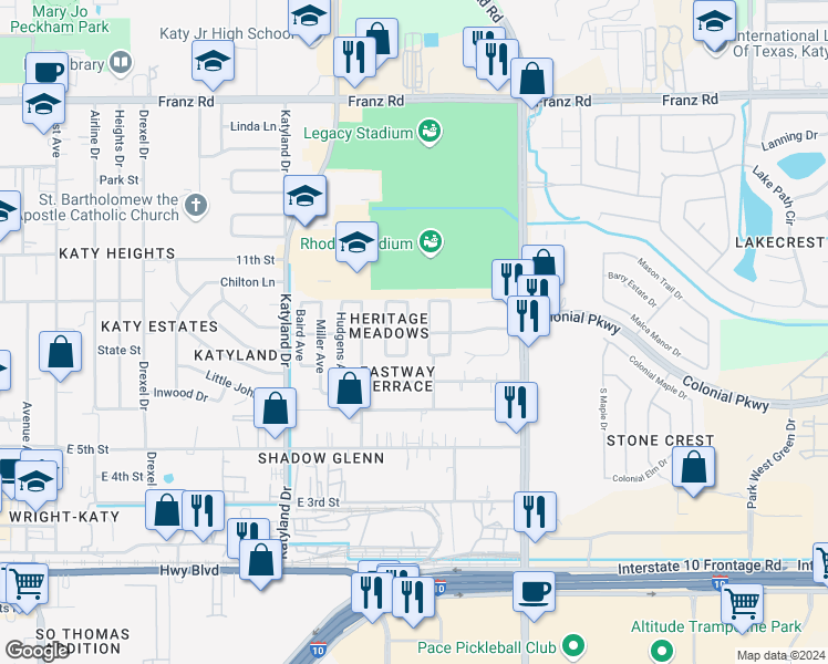 map of restaurants, bars, coffee shops, grocery stores, and more near 24103 Morrison Boulevard in Katy