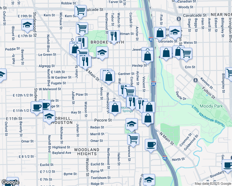 map of restaurants, bars, coffee shops, grocery stores, and more near 405 Tabor Street in Houston