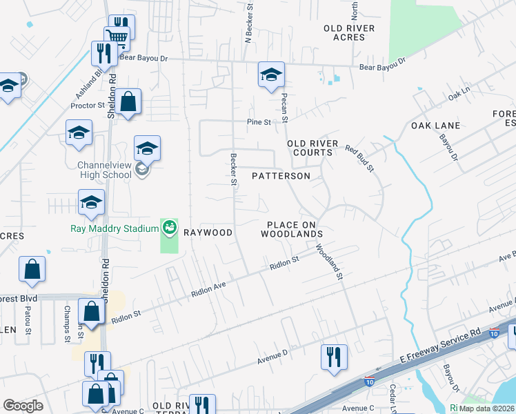 map of restaurants, bars, coffee shops, grocery stores, and more near 115 David Street in Channelview