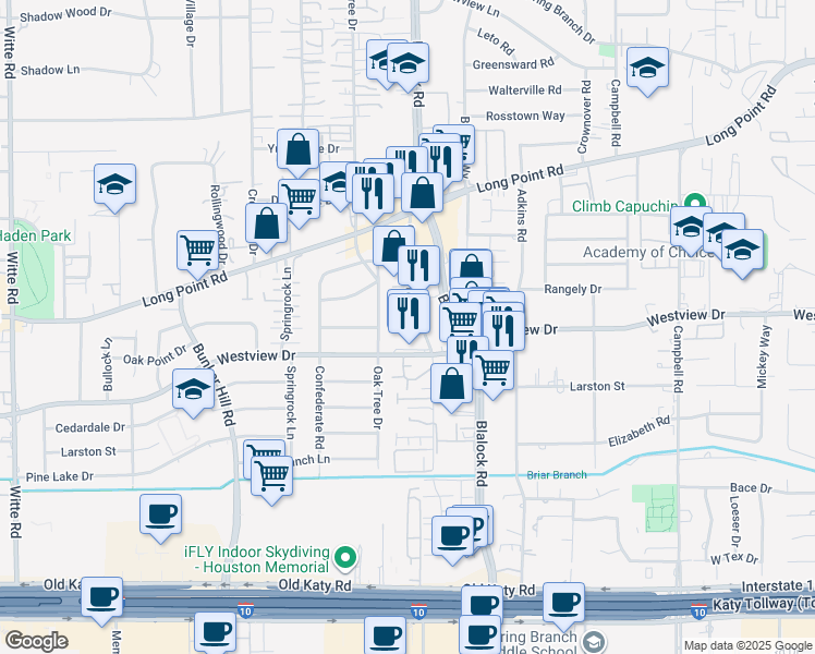 map of restaurants, bars, coffee shops, grocery stores, and more near 1325 Cedar Post Lane in Houston