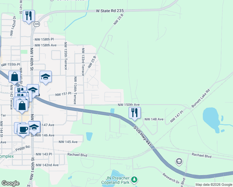 map of restaurants, bars, coffee shops, grocery stores, and more near 12804 Northwest 151 Road in Alachua