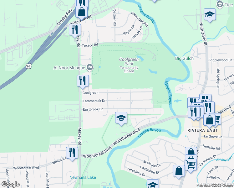 map of restaurants, bars, coffee shops, grocery stores, and more near 12715 Coolgreen in Houston