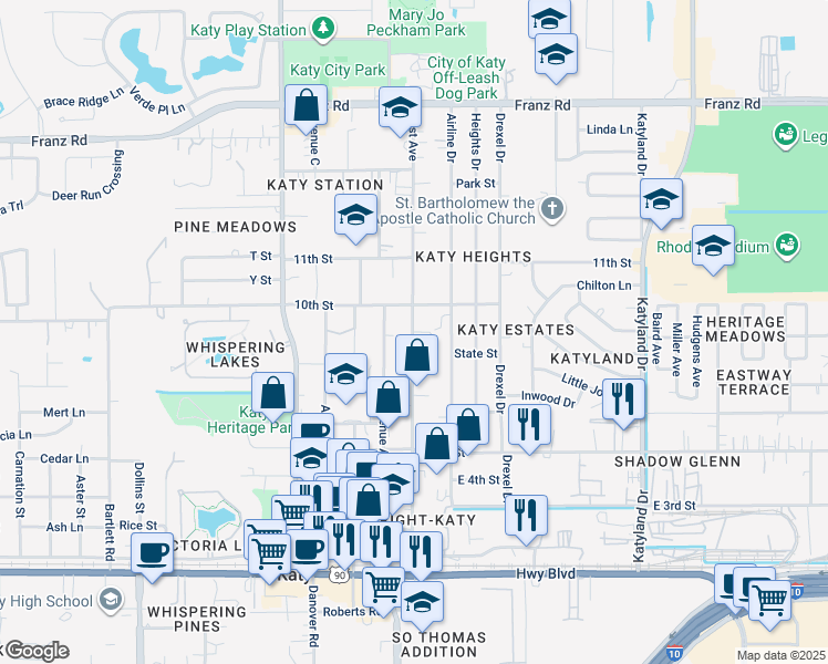 map of restaurants, bars, coffee shops, grocery stores, and more near 5510 10th Street in Katy