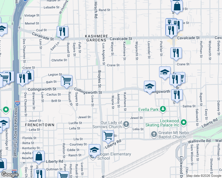 map of restaurants, bars, coffee shops, grocery stores, and more near 3704 Los Angeles Street in Houston