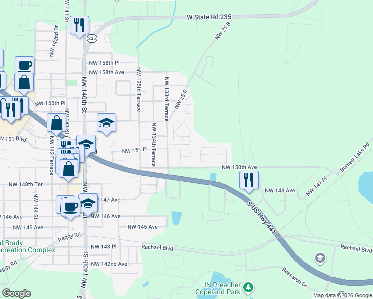 map of restaurants, bars, coffee shops, grocery stores, and more near 15201 Northwest 131st Terrace in Alachua