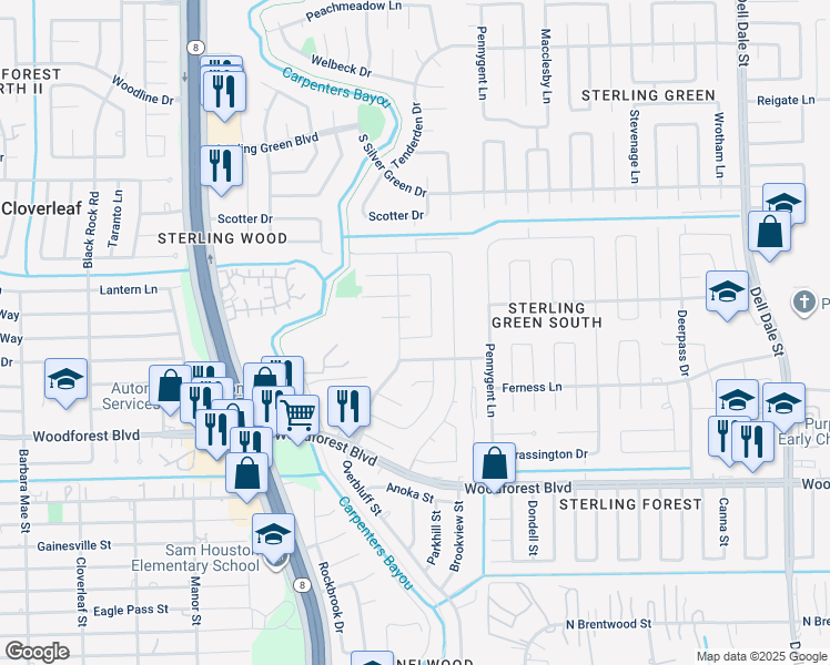 map of restaurants, bars, coffee shops, grocery stores, and more near 14915 Maryport Drive in Channelview