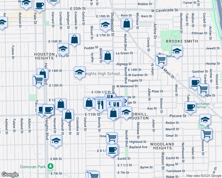 map of restaurants, bars, coffee shops, grocery stores, and more near 1301 Studewood Street in Houston