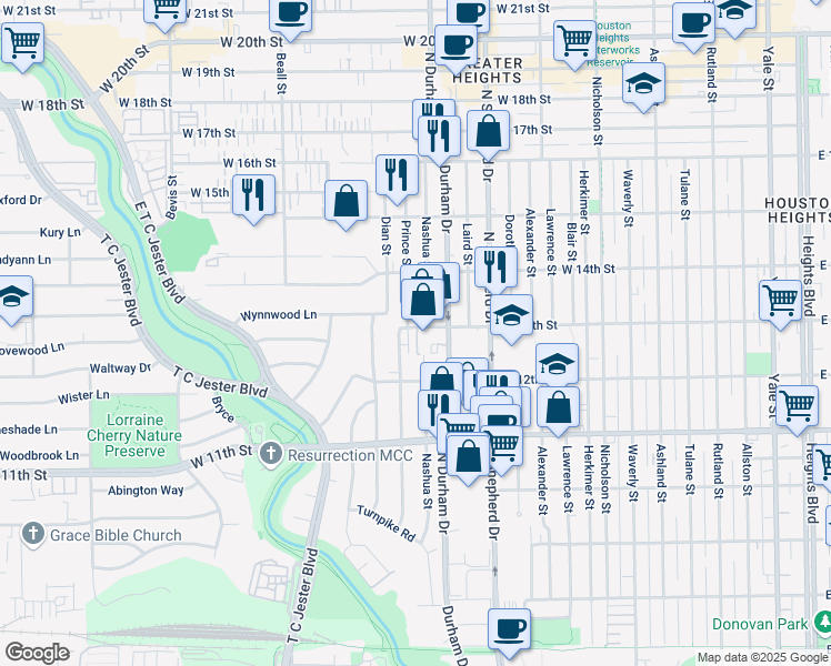 map of restaurants, bars, coffee shops, grocery stores, and more near 1305 Prince Street in Houston