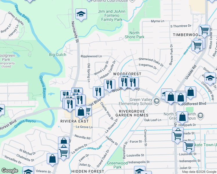 map of restaurants, bars, coffee shops, grocery stores, and more near 12905 Woodforest Boulevard in Houston