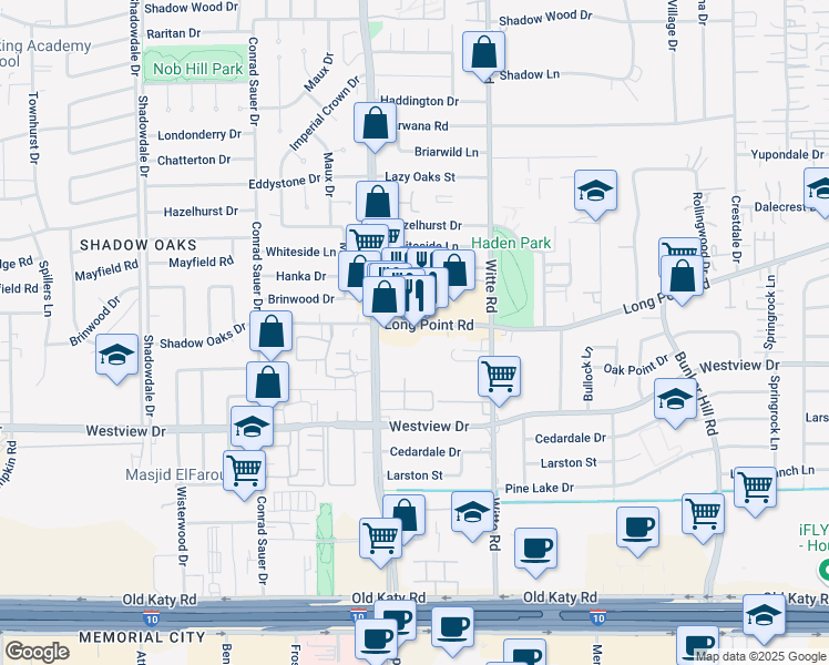 map of restaurants, bars, coffee shops, grocery stores, and more near 10070 Long Point Road in Houston
