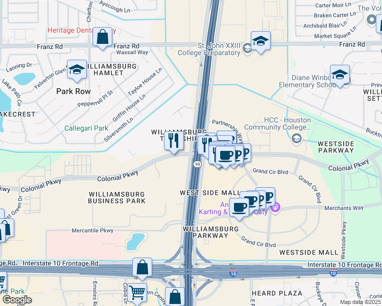 map of restaurants, bars, coffee shops, grocery stores, and more near 22632 Colonial Parkway in Katy