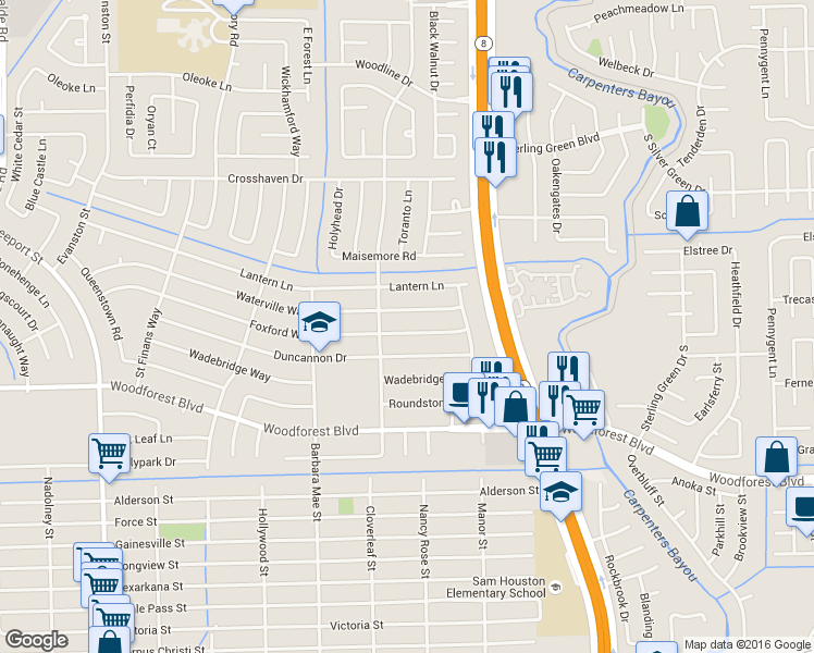 map of restaurants, bars, coffee shops, grocery stores, and more near 14426 Waterville Way in Houston