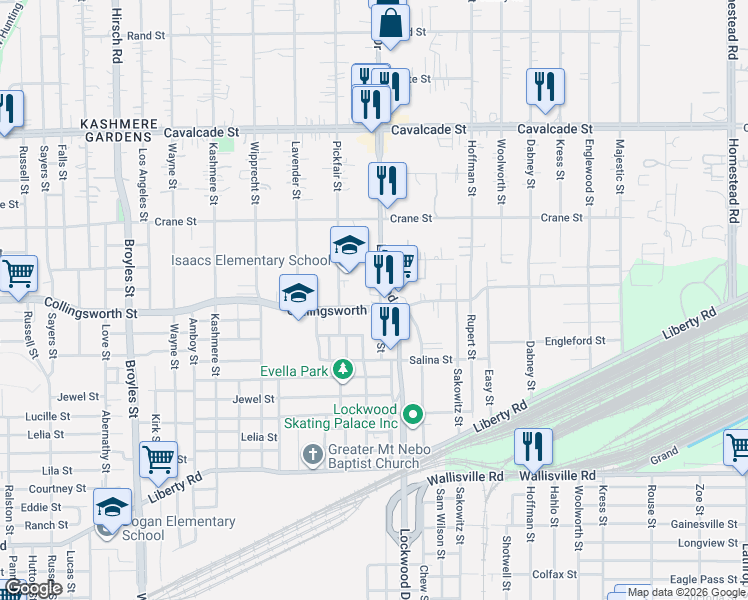 map of restaurants, bars, coffee shops, grocery stores, and more near 3821 Lockwood Drive in Houston