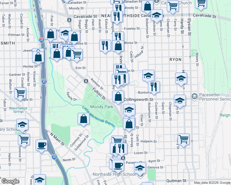 map of restaurants, bars, coffee shops, grocery stores, and more near 3707 Irvington Boulevard in Houston