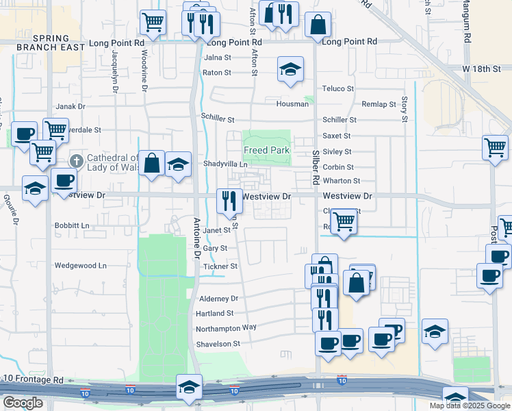 map of restaurants, bars, coffee shops, grocery stores, and more near 124 Westview Drive in Houston