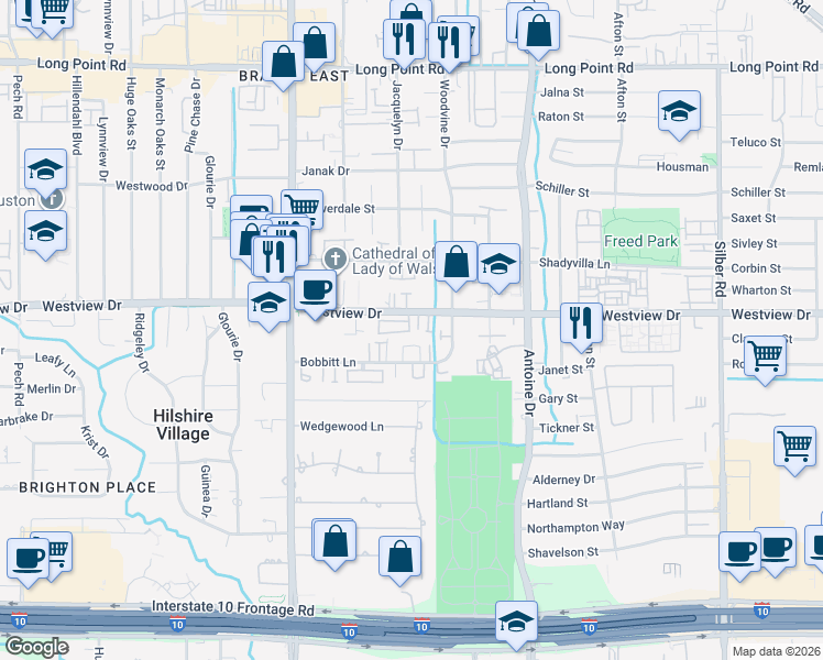map of restaurants, bars, coffee shops, grocery stores, and more near 1322 Hunters Meadow Lane in Houston