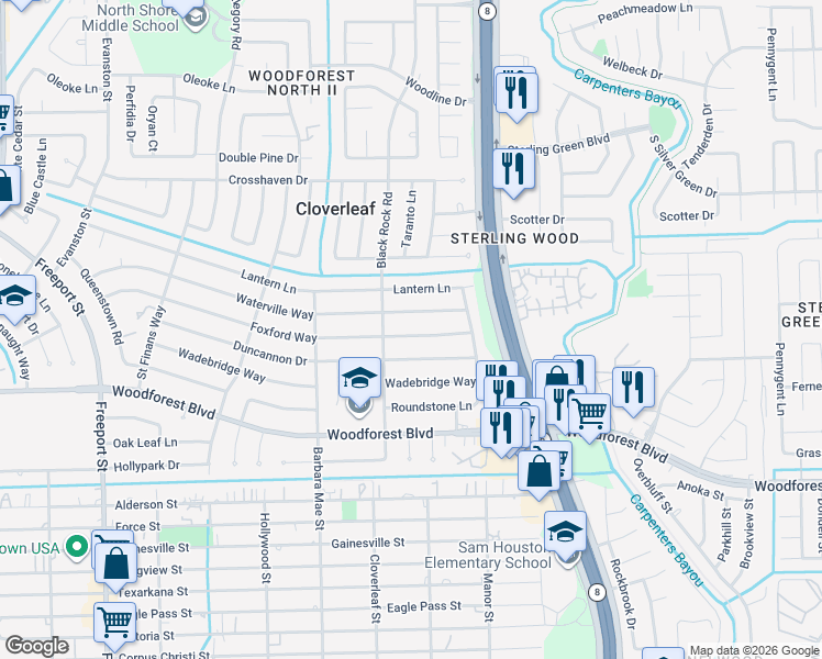 map of restaurants, bars, coffee shops, grocery stores, and more near 14426 Waterville Way in Houston