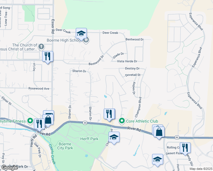 map of restaurants, bars, coffee shops, grocery stores, and more near 235 Woods of Boerne Boulevard in Boerne