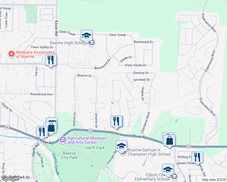 map of restaurants, bars, coffee shops, grocery stores, and more near 300 Woods of Boerne Boulevard in Boerne