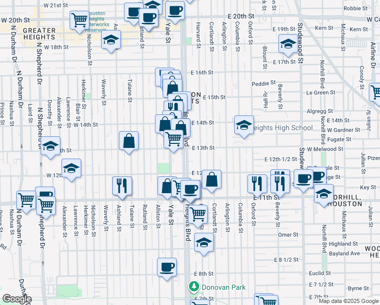 map of restaurants, bars, coffee shops, grocery stores, and more near 1244 Heights Boulevard in Houston
