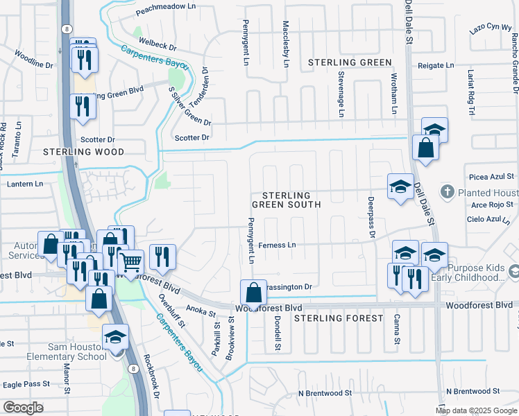 map of restaurants, bars, coffee shops, grocery stores, and more near 1046 Holbech Lane in Channelview