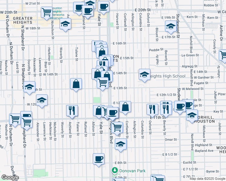 map of restaurants, bars, coffee shops, grocery stores, and more near 1244 Heights Boulevard in Houston