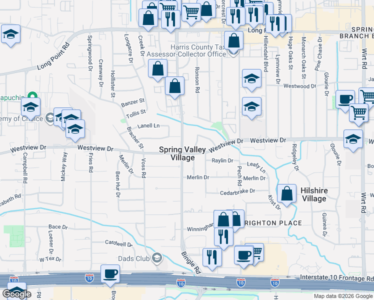 map of restaurants, bars, coffee shops, grocery stores, and more near in Spring Valley Village