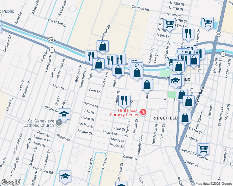 map of restaurants, bars, coffee shops, grocery stores, and more near 201-299 Arms Street in Thibodaux