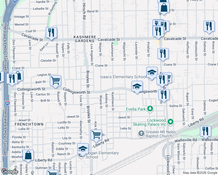 map of restaurants, bars, coffee shops, grocery stores, and more near 3718 Wayne Street in Houston