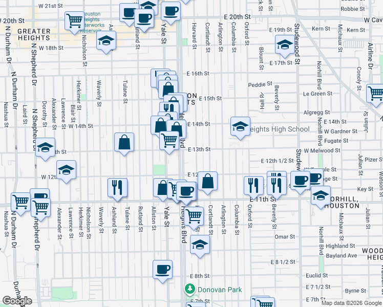 map of restaurants, bars, coffee shops, grocery stores, and more near 123 East 13th Street in Houston