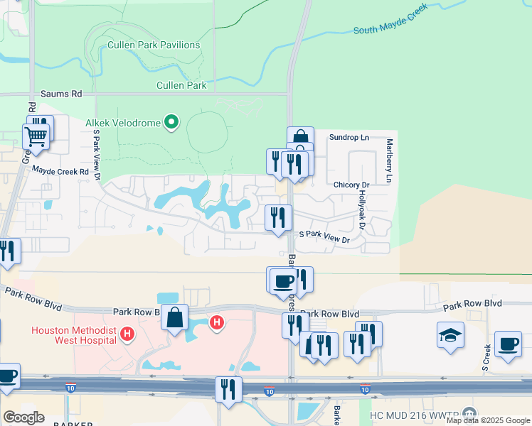 map of restaurants, bars, coffee shops, grocery stores, and more near 18108 South Parkview Drive in Houston