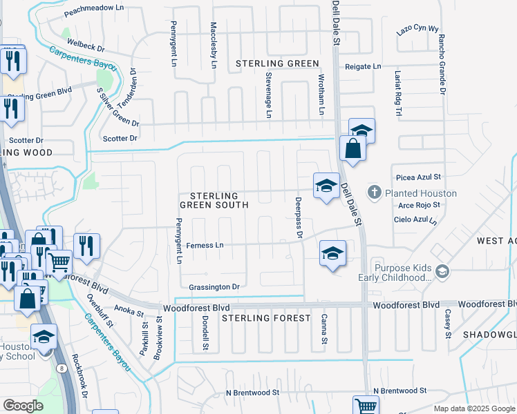 map of restaurants, bars, coffee shops, grocery stores, and more near 1043 Leadenhall Circle in Channelview