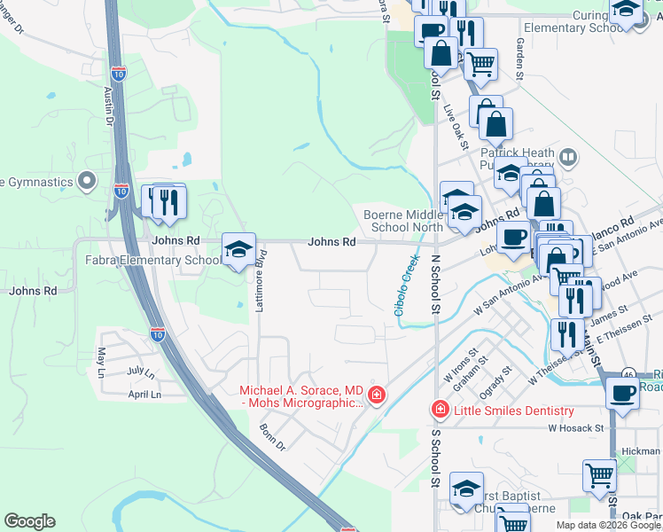 map of restaurants, bars, coffee shops, grocery stores, and more near 521 Johns Road in Boerne