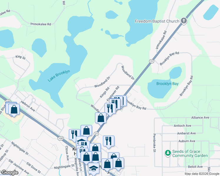 map of restaurants, bars, coffee shops, grocery stores, and more near 6547 Kings Road in Keystone Heights