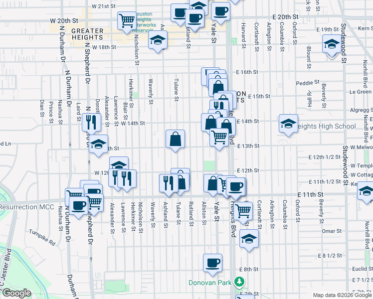 map of restaurants, bars, coffee shops, grocery stores, and more near 1237 Rutland Street in Houston