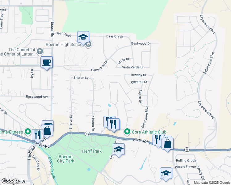 map of restaurants, bars, coffee shops, grocery stores, and more near 235 Woods of Boerne Boulevard in Boerne