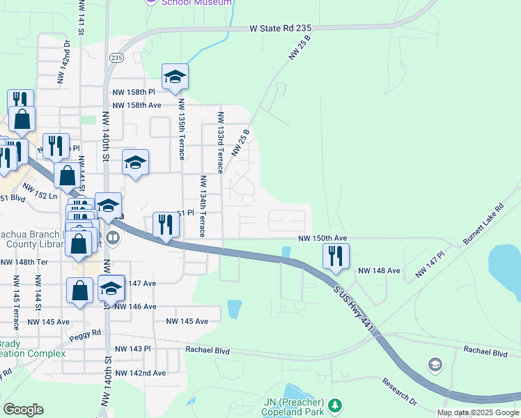 map of restaurants, bars, coffee shops, grocery stores, and more near 15201 Northwest 131st Terrace in Alachua